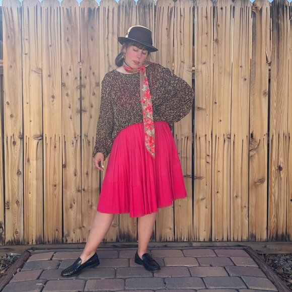 Vintage 60s Dress Fit Flare Chiffon Hot Pink Fuchsia Sleeveless V Neck Size M/L - Picture 6 of 12